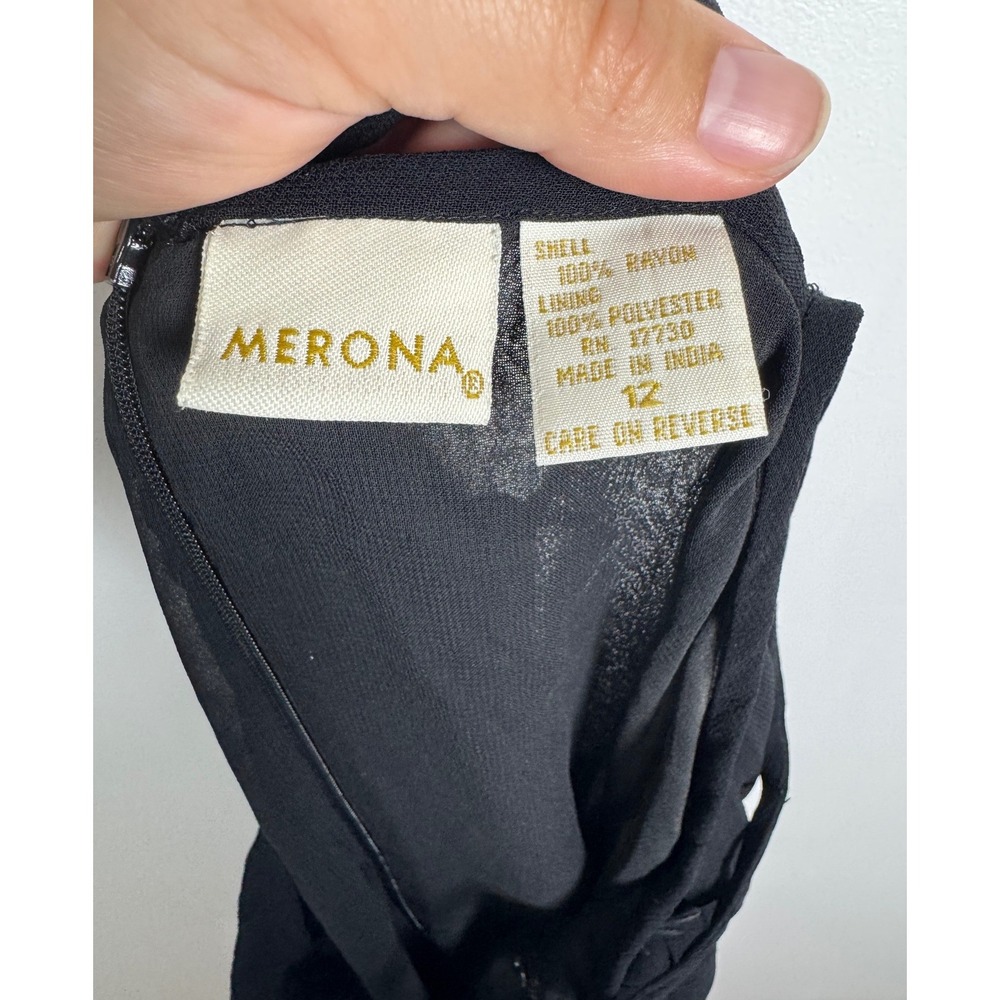 90s Vintage Merona Womens 12 Slip Dress Black Rayon Midi Sheer Overlay LBD - Picture 3 of 10